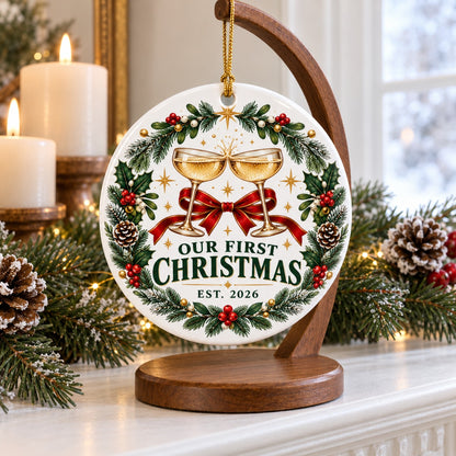 First Christmas Champagne Toast Ceramic Ornament, 2026 Newlywed Gift
