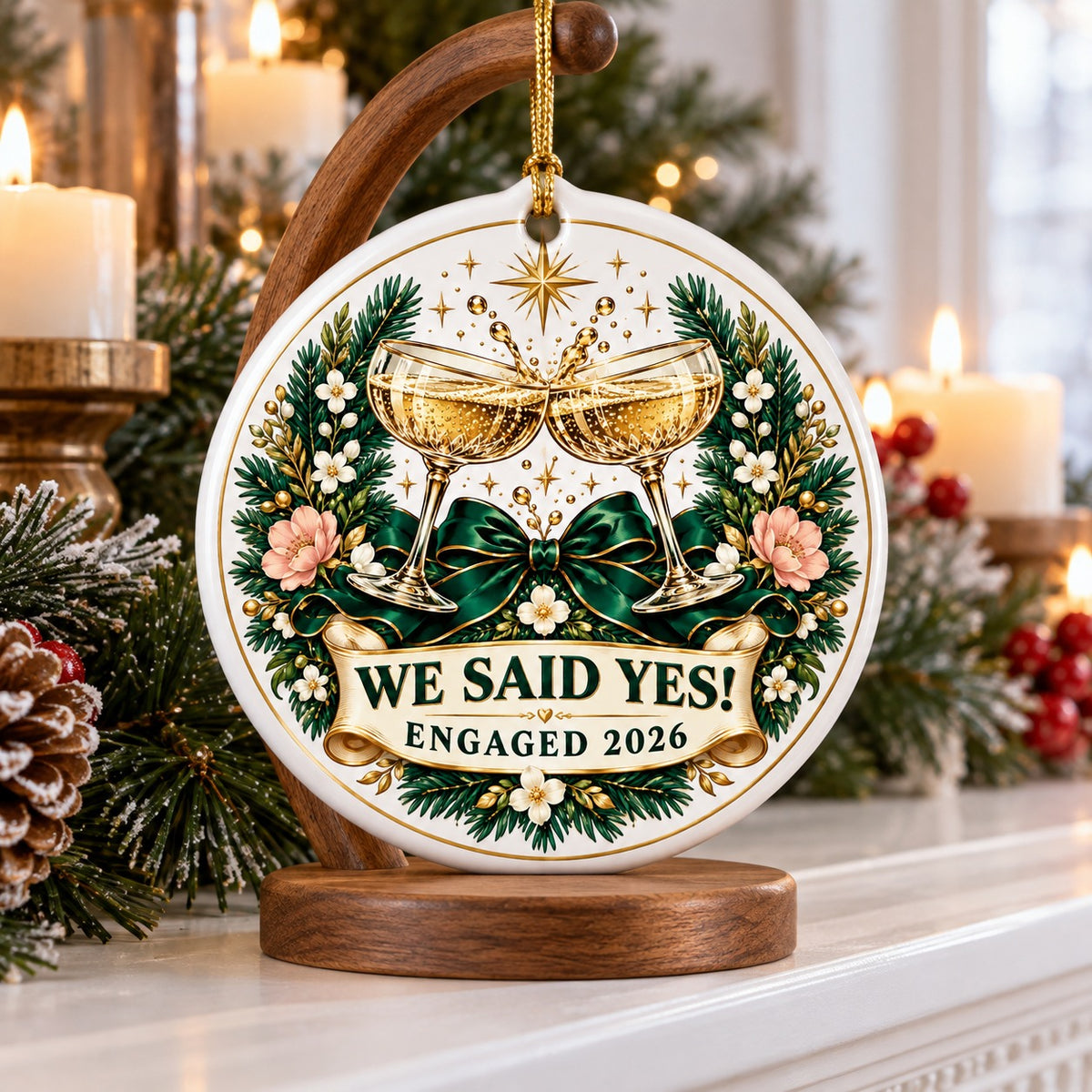 Midnight Toast Engagement Badge Ceramic Christmas Ornament
