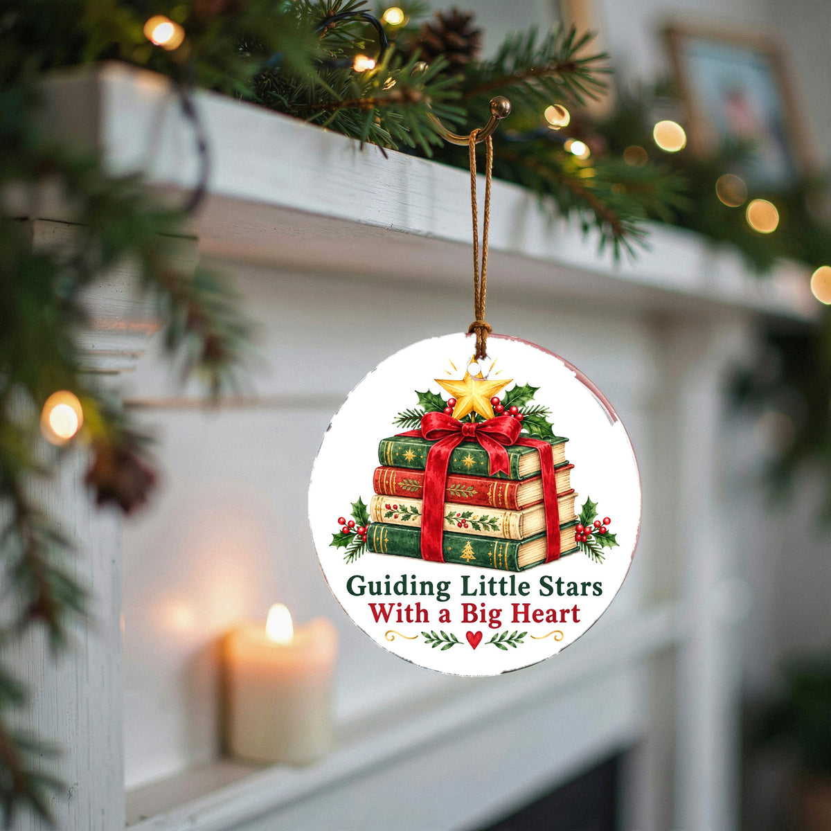 Guiding Little Stars Book Stack Christmas Ceramic Ornament for Teachers
