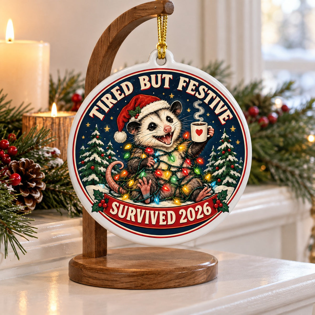 Tangled Opossum Christmas Ornament, Tired But Festive 2026 Holiday Gift