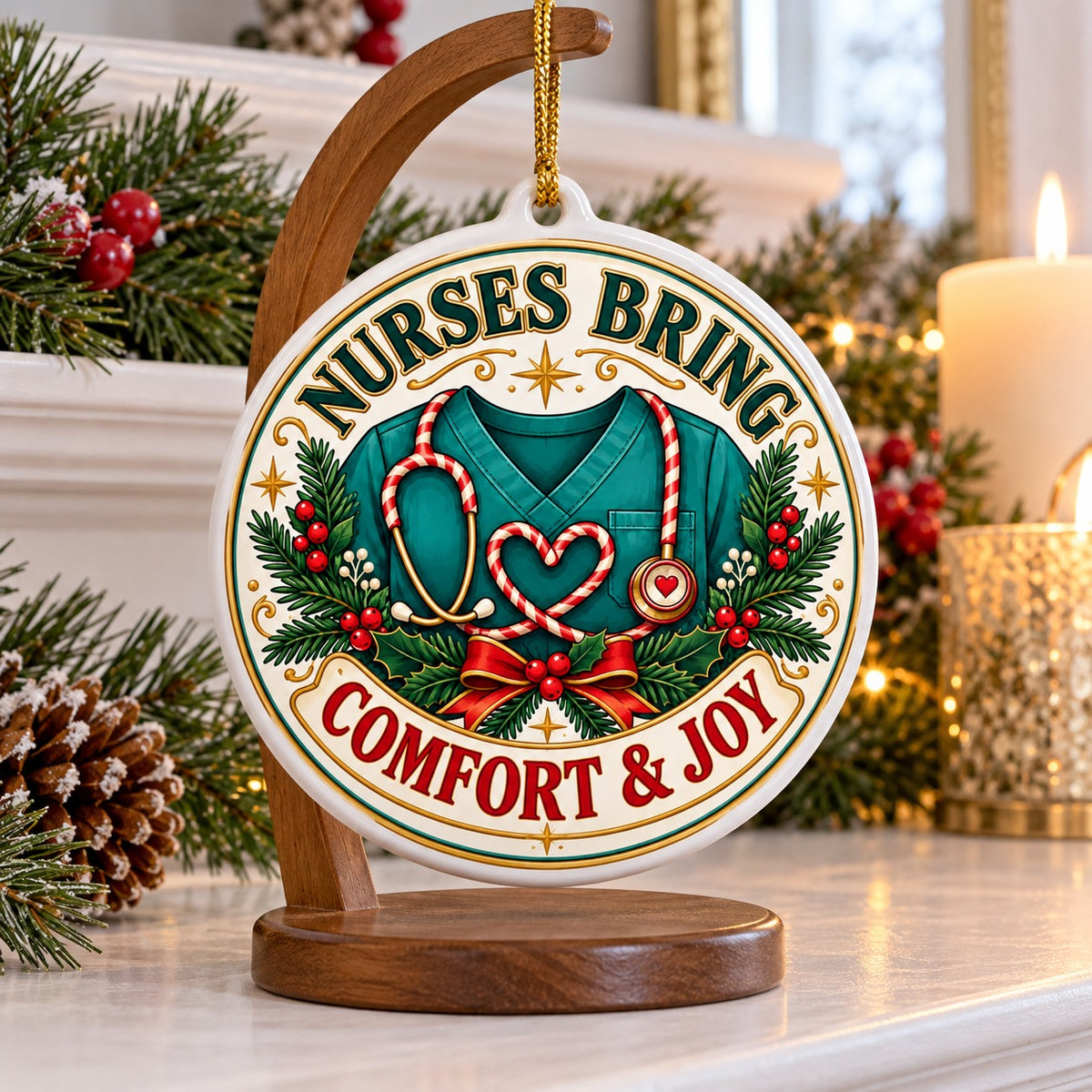 Comfort and Joy Scrub Heart Ceramic Christmas Ornament, Nurse Gift