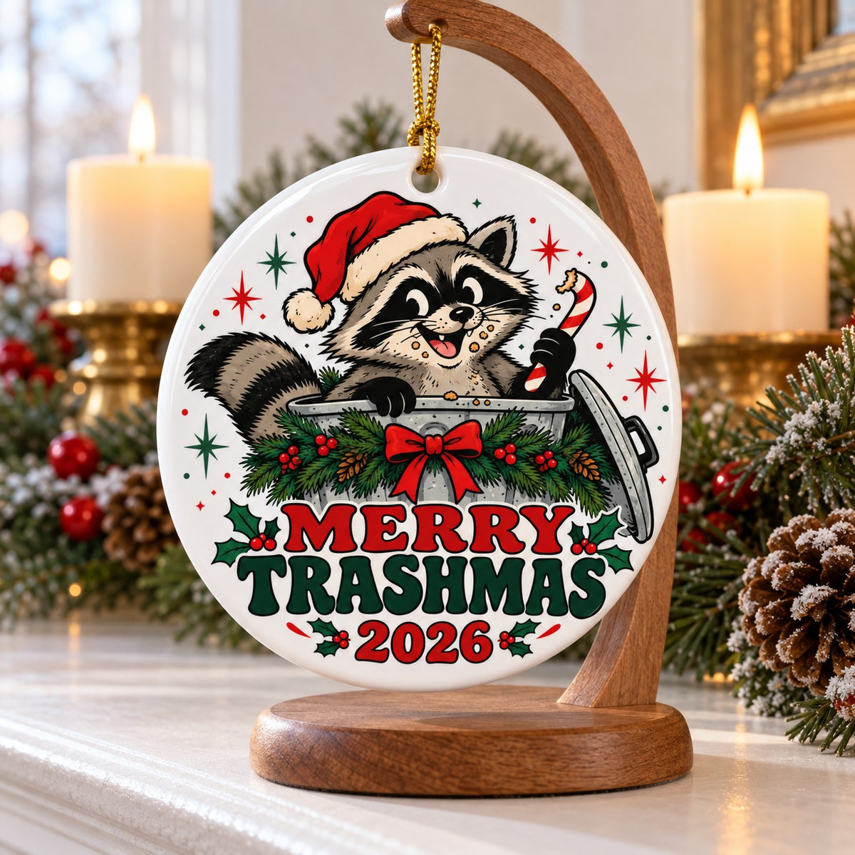Merry Trashmas Raccoon Ceramic Christmas Tree Ornament