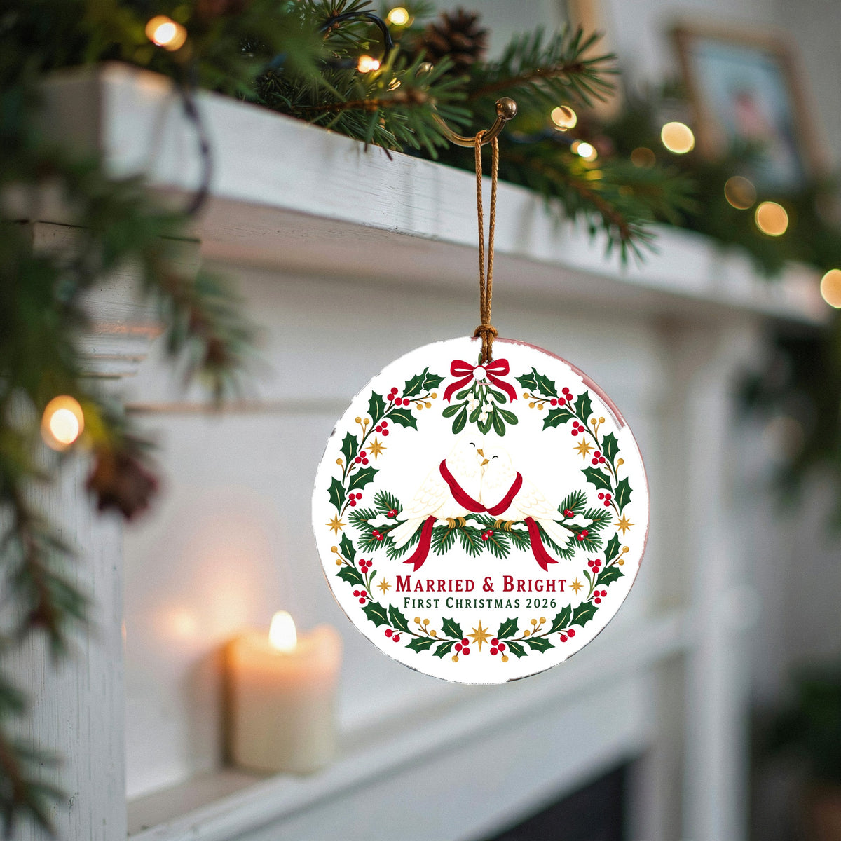 Married and Bright First Christmas Turtledoves Ceramic Ornament