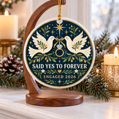 Folk Art Golden Ring Doves Engaged 2026 Ceramic Ornament