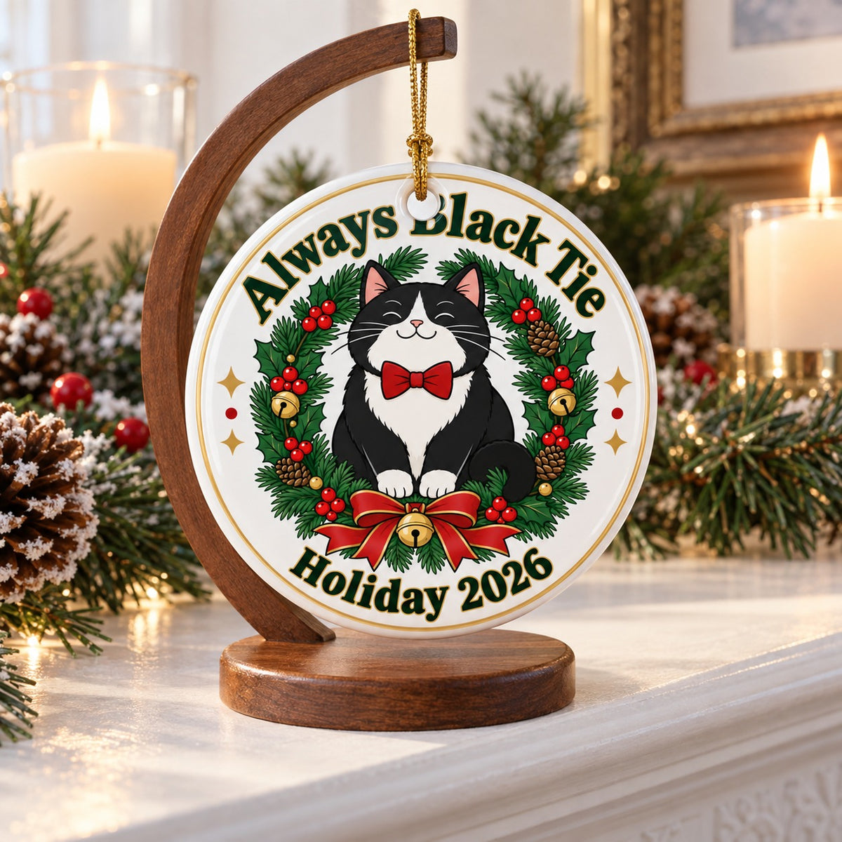 Black Tie Tuxedo Cat Wreath Ceramic Christmas Tree Ornament