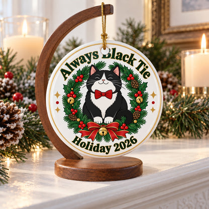 Black Tie Tuxedo Cat Wreath Ceramic Christmas Tree Ornament