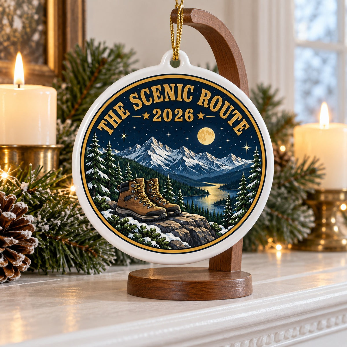 Scenic Route Alpine Summit Hiking Boots Ceramic Christmas Ornament