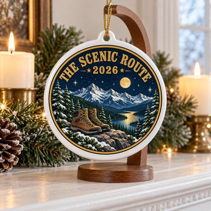 Scenic Route Alpine Summit Hiking Boots Ceramic Christmas Ornament