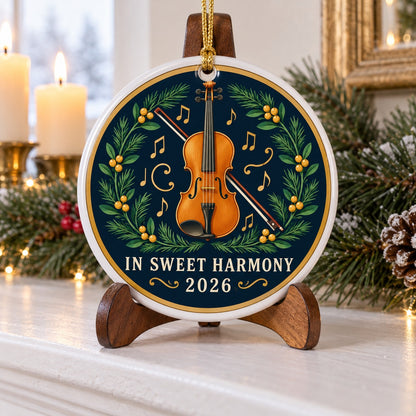 Harmonious Yuletide Fiddle Ceramic Christmas Ornament, Violin Music Gift
