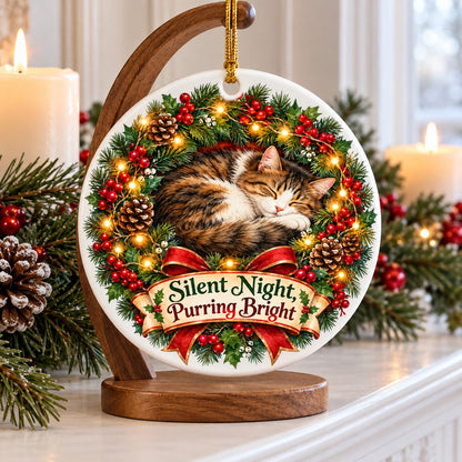 Sleeping Wreath Kitty Ceramic Christmas Ornament for Cat Lovers