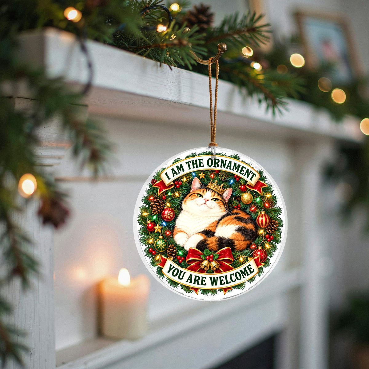 Calico Cat Christmas Wreath Ceramic Holiday Ornament