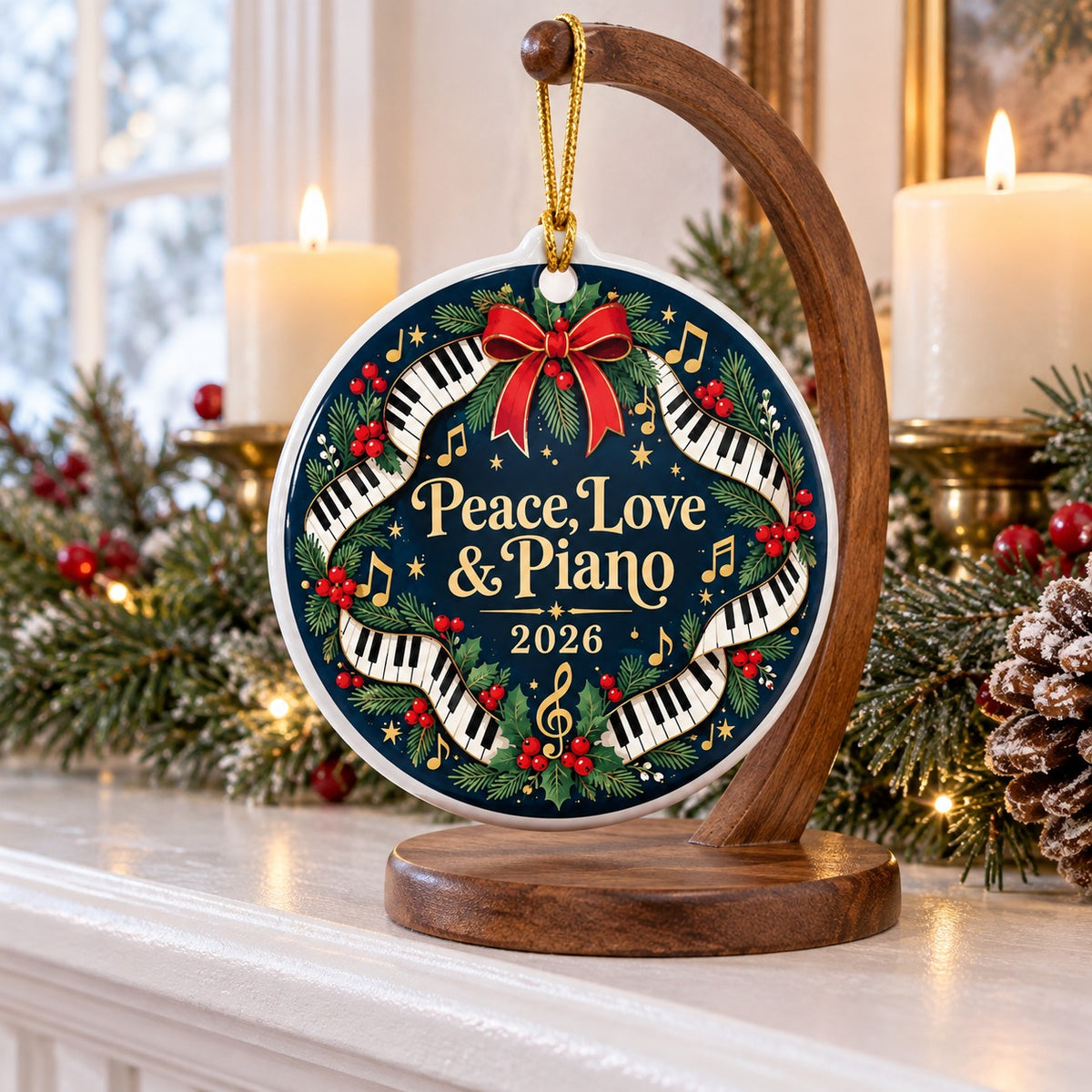 Folk Art Piano Keys Holiday Wreath Ceramic Christmas Ornament