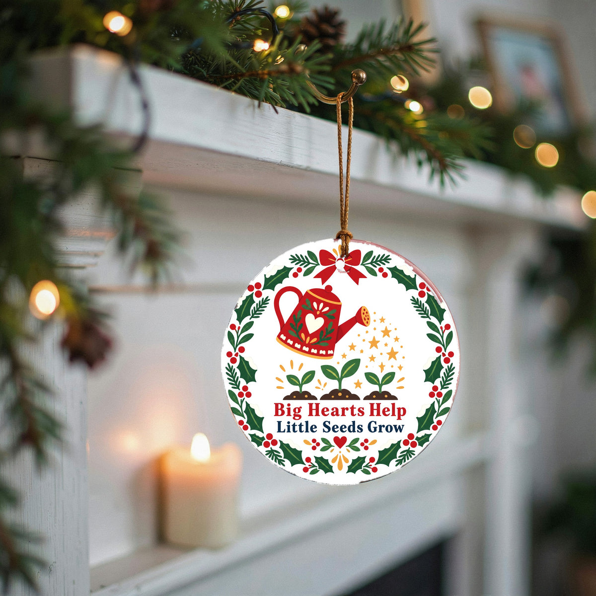Teacher Appreciation Christmas Ornament, Nurturing Seeds Folk Badge