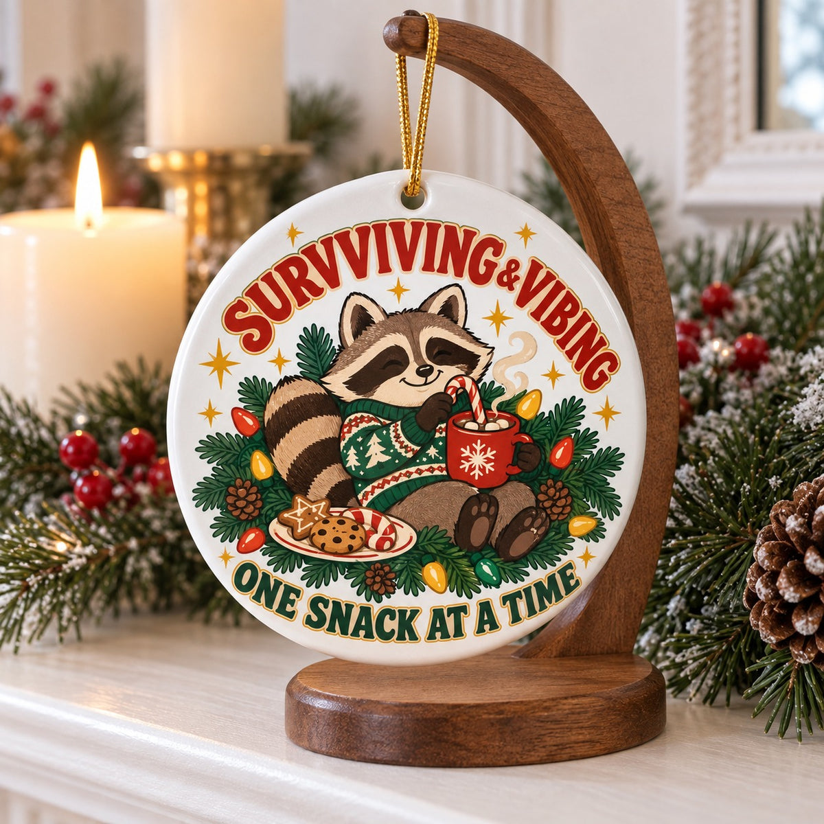 Cozy Trash Panda Raccoon Christmas Ornament, Holiday Self-Care Gift