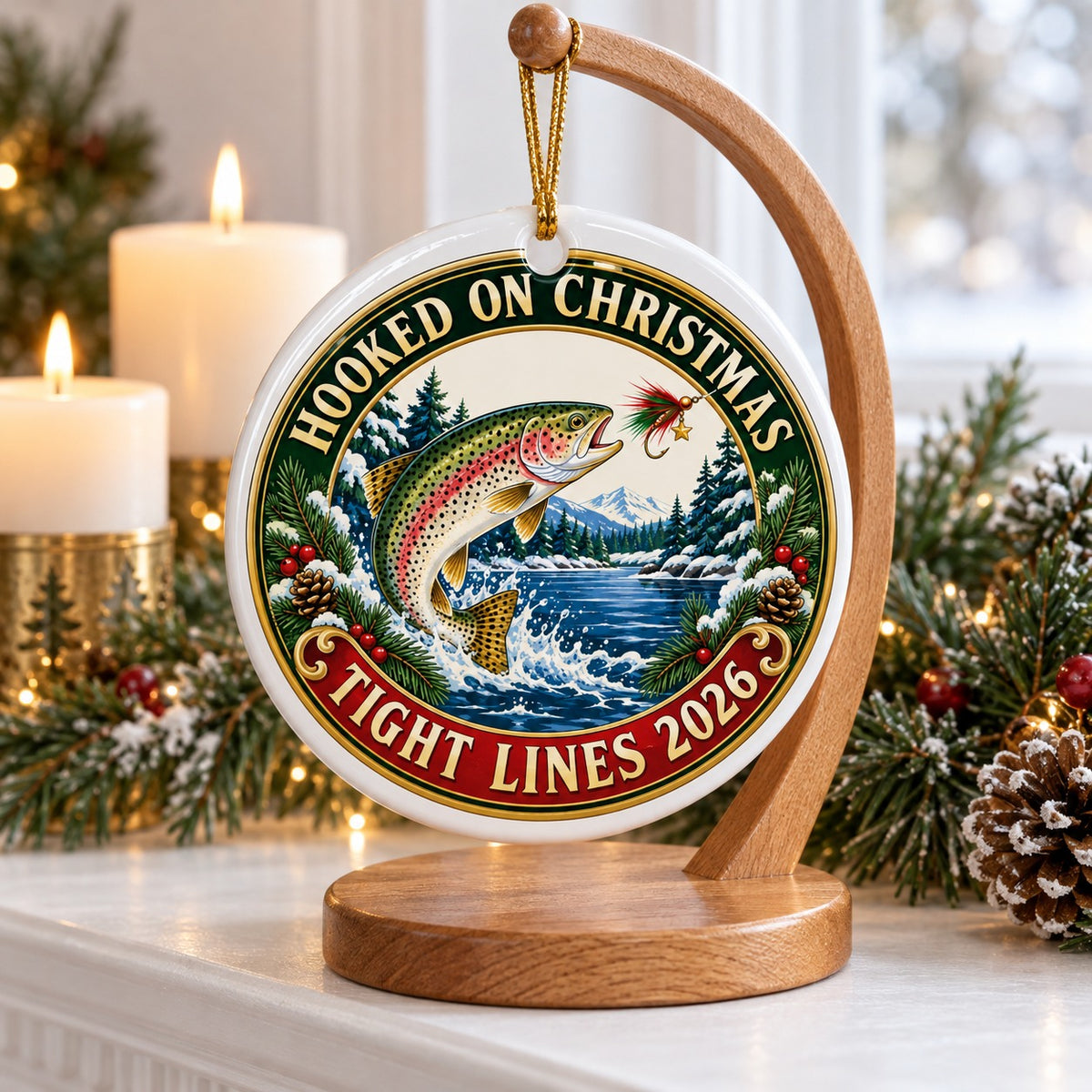 Tight Lines Holiday Fly Fishing Ceramic Christmas Ornament