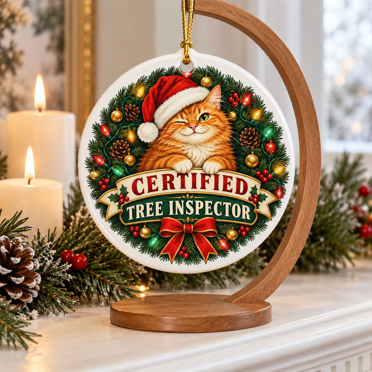 Certified Tree Inspector Cat Christmas Ornament for Pet Lovers