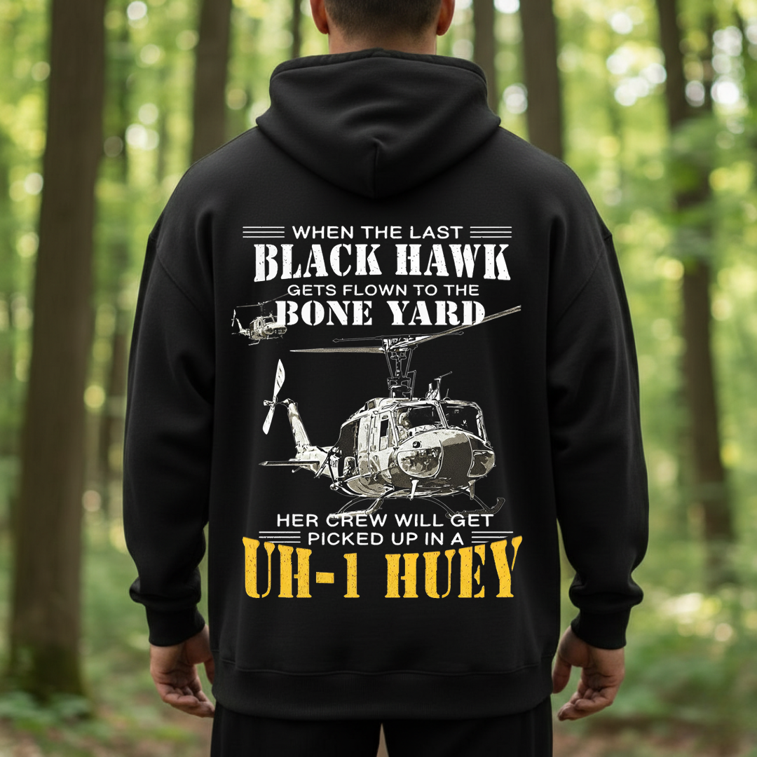 UH-1 Huey Veteran Shirt – When the Last Black Hawk Flown to the Bone Yard – Helicopter Crew Chief T-Shirt, Sweatshirt, Hoodie, Gift for Veterans Day