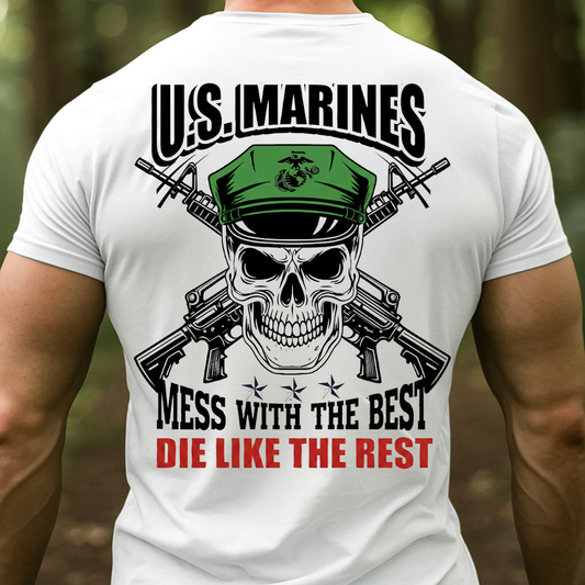 USMC Skull Green Cap T-Shirt – Mess With The Best Die Like The Rest Veteran Tee, Gift for Marine Veteran