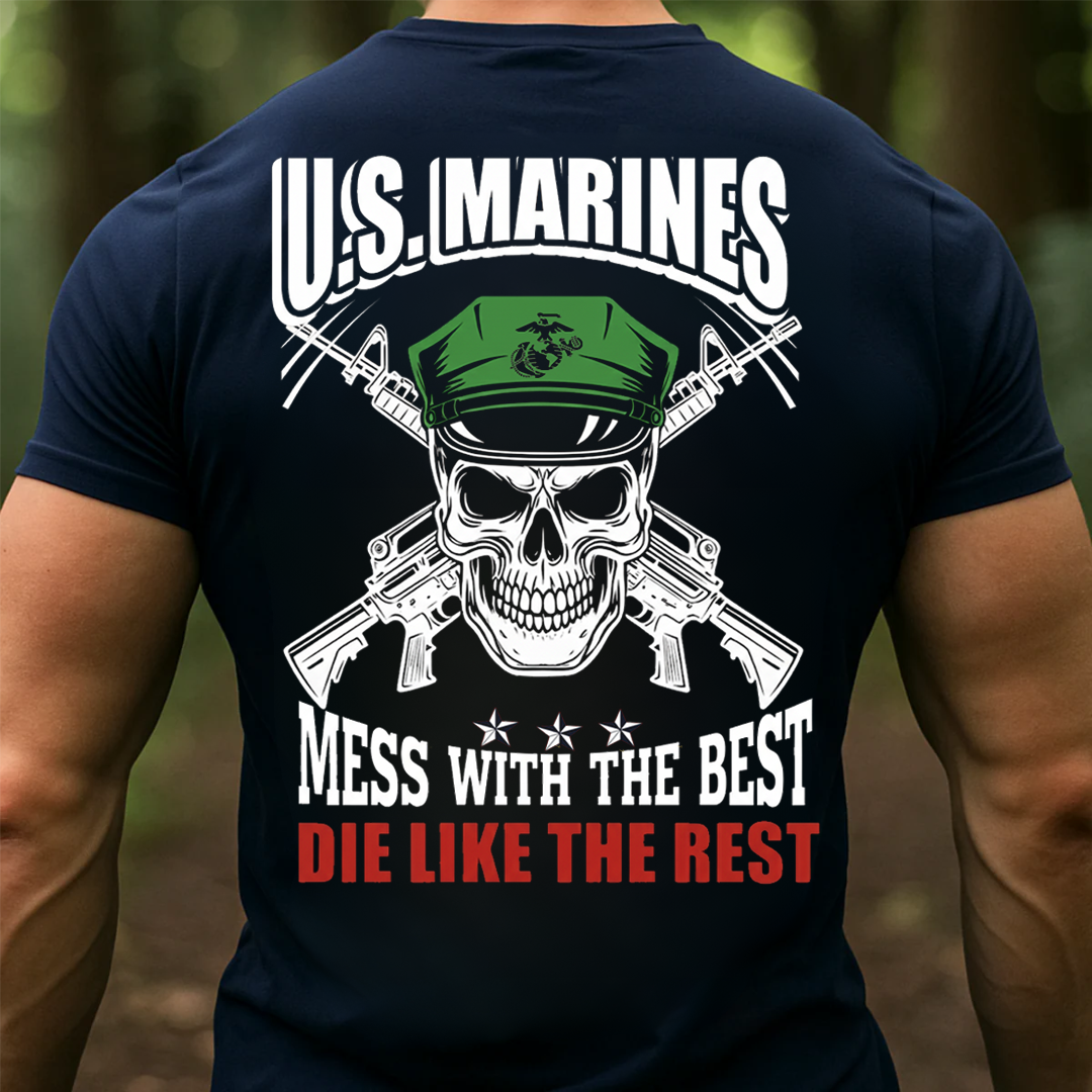 USMC Skull Green Cap T-Shirt – Mess With The Best Die Like The Rest Veteran Tee, Gift for Marine Veteran