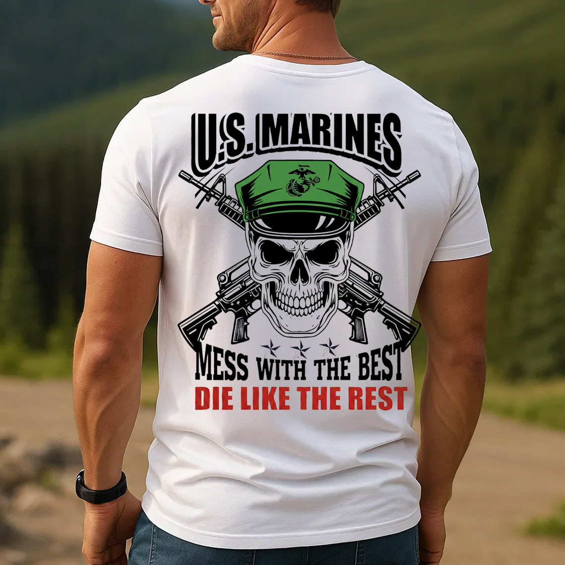 USMC Skull Green Cap T-Shirt – Mess With The Best Die Like The Rest Veteran Tee, Gift for Marine Veteran
