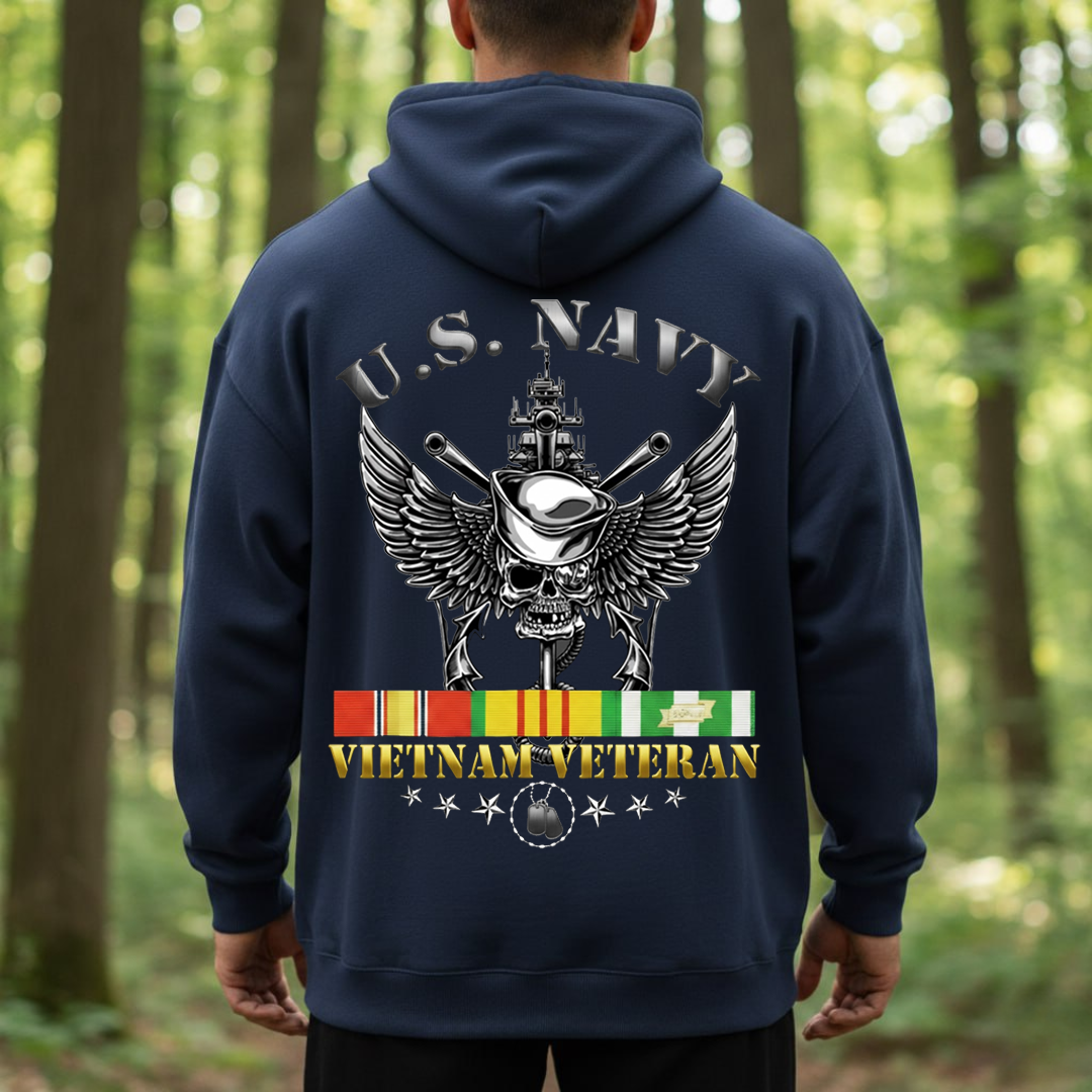 U.S. Navy Vietnam Veteran T-Shirt – Skull Sailor With Warship & Service Ribbon, Gift for Veterans Day