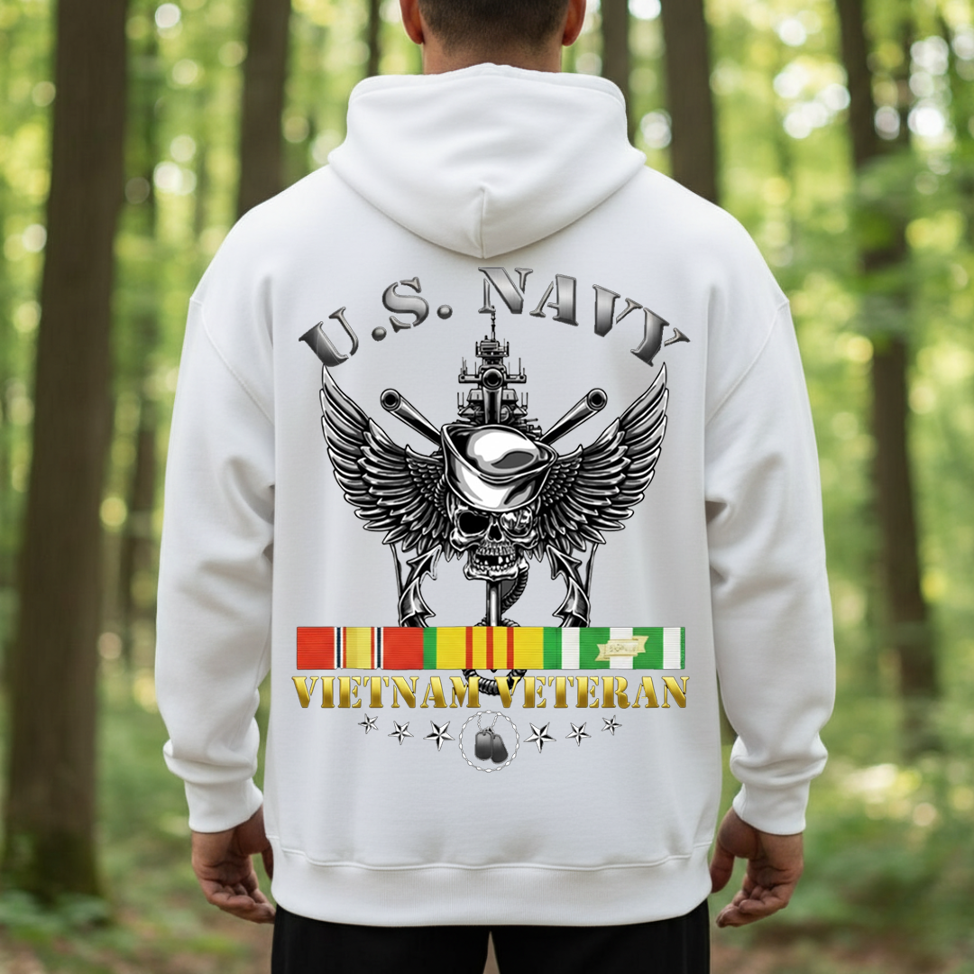 U.S. Navy Vietnam Veteran T-Shirt – Skull Sailor With Warship & Service Ribbon, Gift for Veterans Day