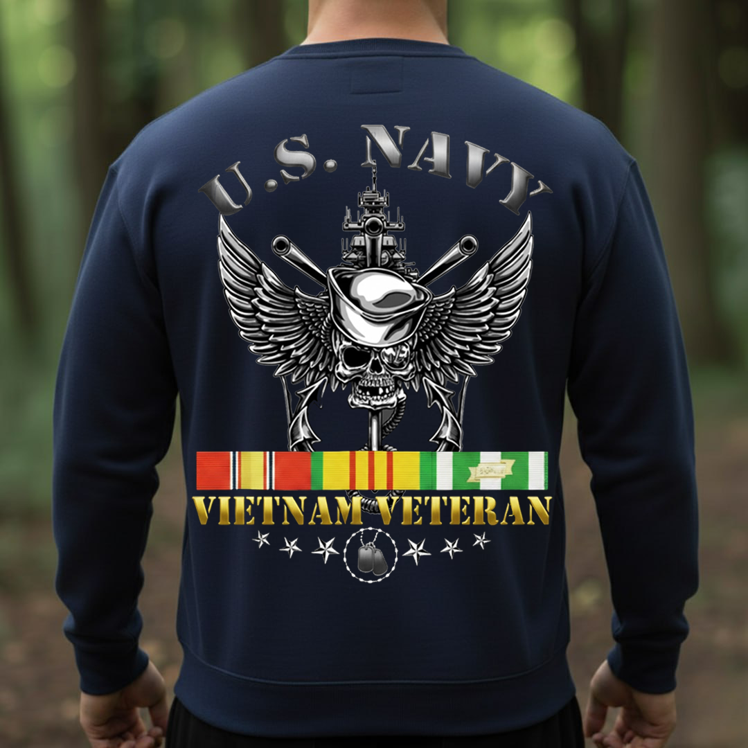 U.S. Navy Vietnam Veteran T-Shirt – Skull Sailor With Warship & Service Ribbon, Gift for Veterans Day