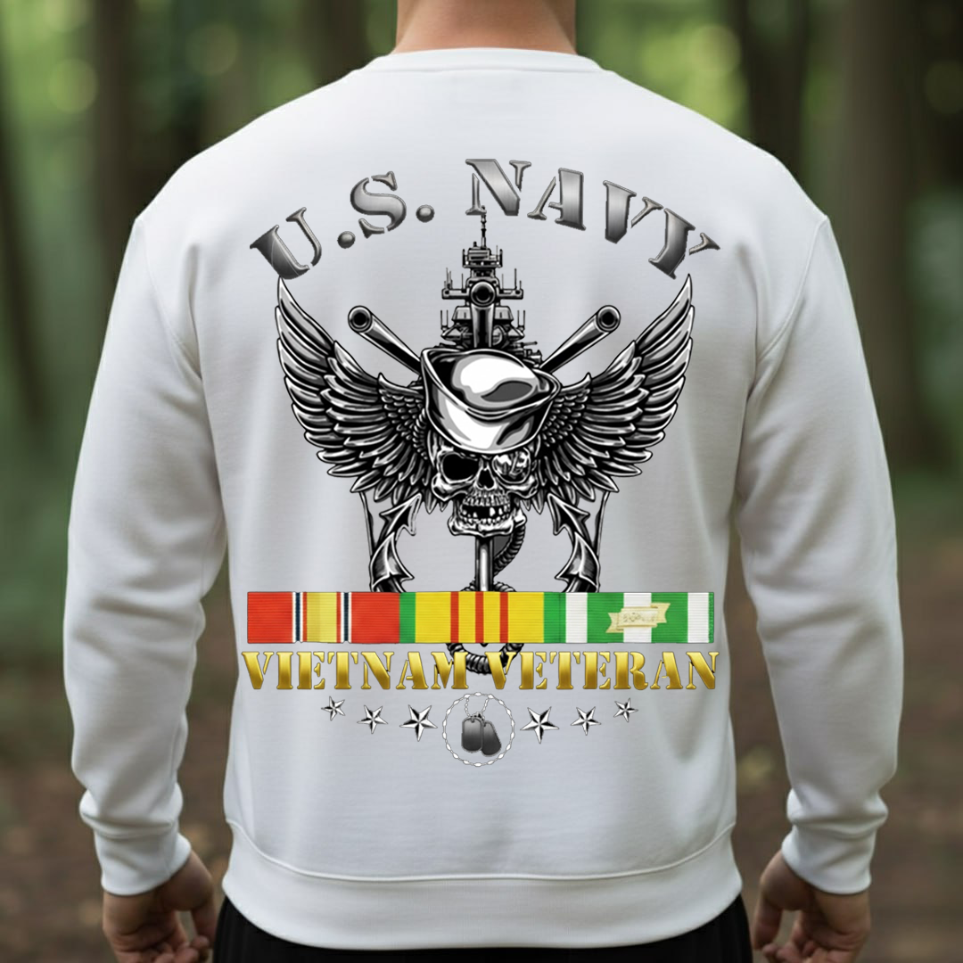 U.S. Navy Vietnam Veteran T-Shirt – Skull Sailor With Warship & Service Ribbon, Gift for Veterans Day