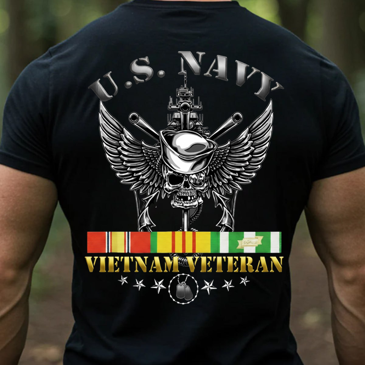 U.S. Navy Vietnam Veteran T-Shirt – Skull Sailor With Warship & Service Ribbon, Gift for Veterans Day