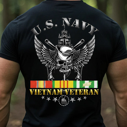 U.S. Navy Vietnam Veteran T-Shirt – Skull Sailor With Warship & Service Ribbon, Gift for Veterans Day