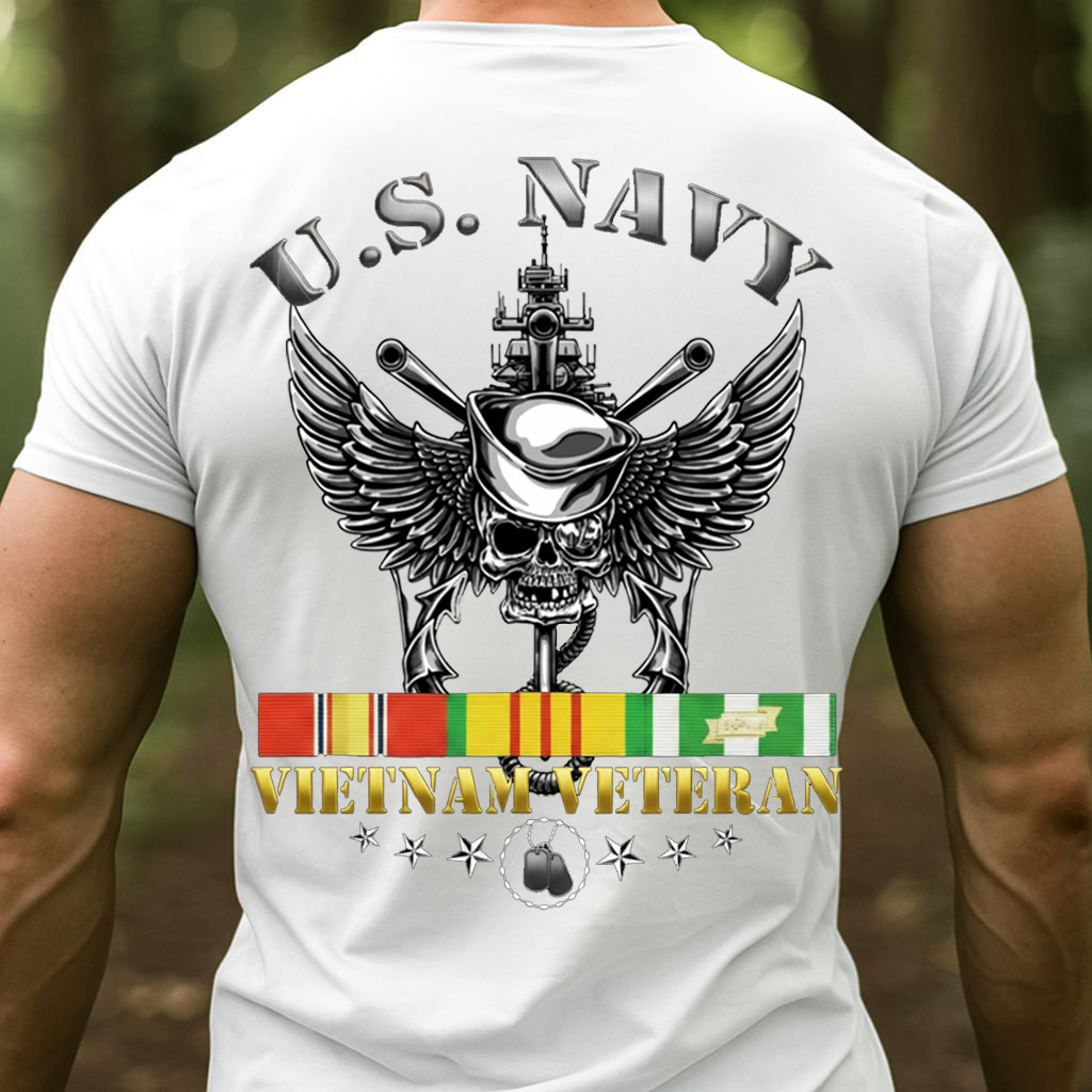U.S. Navy Vietnam Veteran T-Shirt – Skull Sailor With Warship & Service Ribbon, Gift for Veterans Day