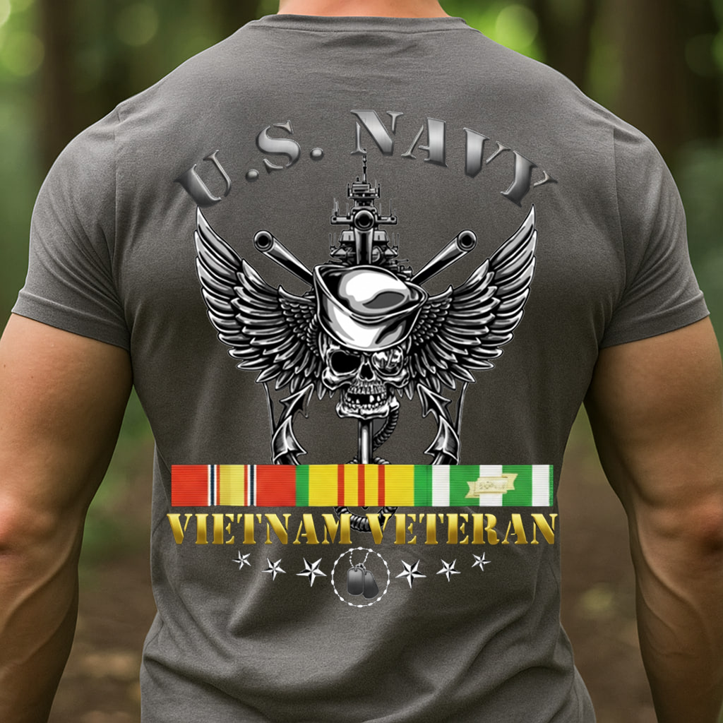U.S. Navy Vietnam Veteran T-Shirt – Skull Sailor With Warship & Service Ribbon, Gift for Veterans Day