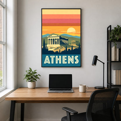 Athens Greece Vintage Travel Poster, Retro Acropolis Wall Art