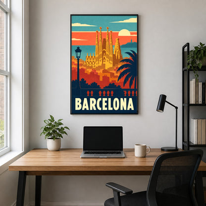 Barcelona Vintage Travel Poster, Spain Cityscape Art Print