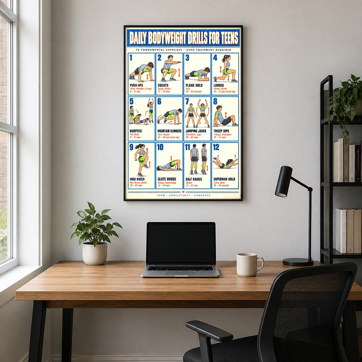Youth Calisthenics Foundations Chart Poster, Teen Bodyweight Fitness