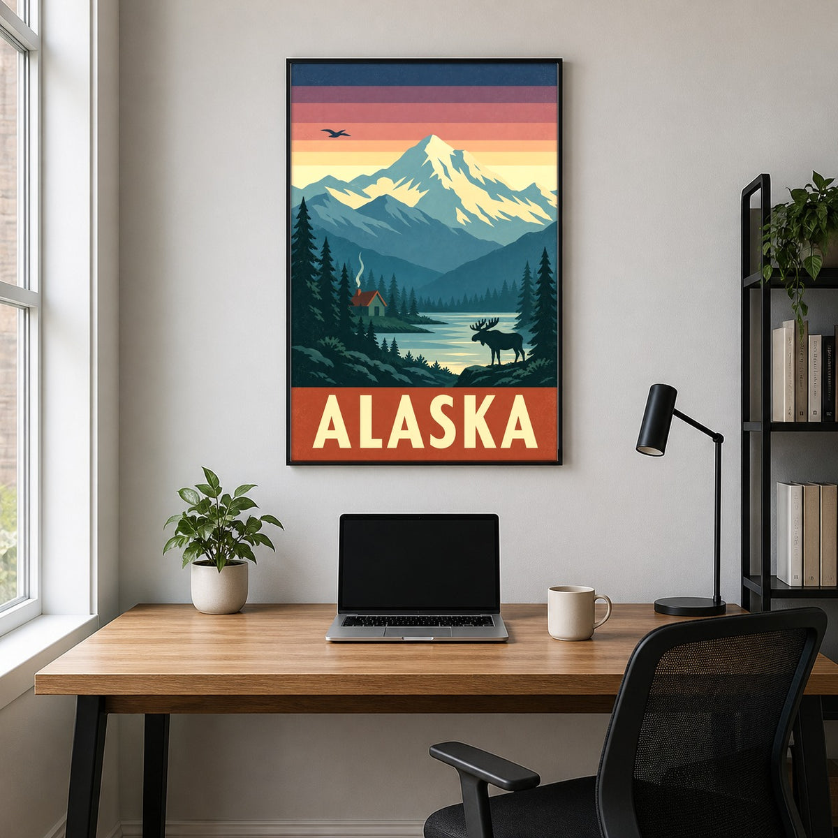 Alaska Vintage Travel Poster, Mountain and Moose Wilderness Wall Art