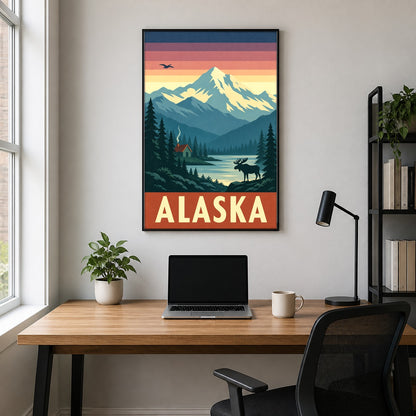 Alaska Vintage Travel Poster, Mountain and Moose Wilderness Wall Art