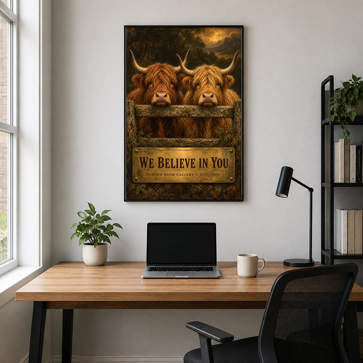 We Believe in You Highland Cattle Bathroom Humor Art Poster