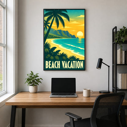 Beach Vacation Vintage Travel Poster, Retro Tropical Wall Art