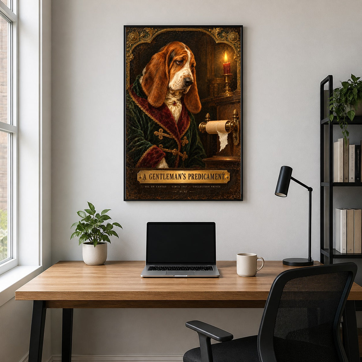 A Gentlemans Predicament Basset Hound Funny Bathroom Art Poster