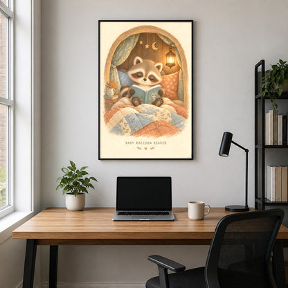 Baby Raccoon Reader Art Poster, Woodland Nursery Wall Decor