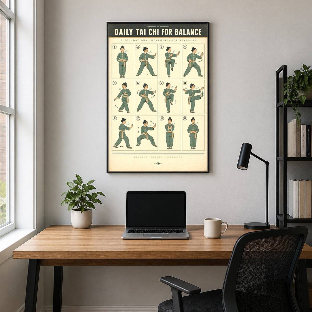 Daily Tai Chi for Balance Art Poster, Senior Exercise Chart