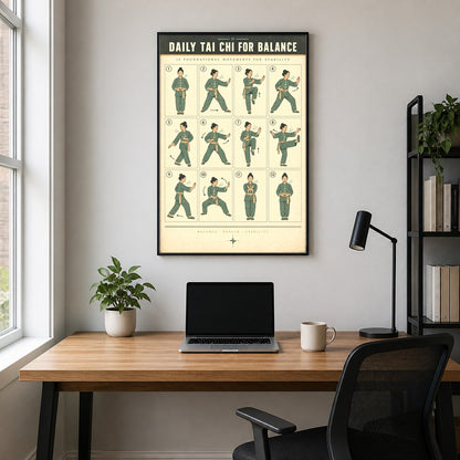 Daily Tai Chi for Balance Art Poster, Senior Exercise Chart