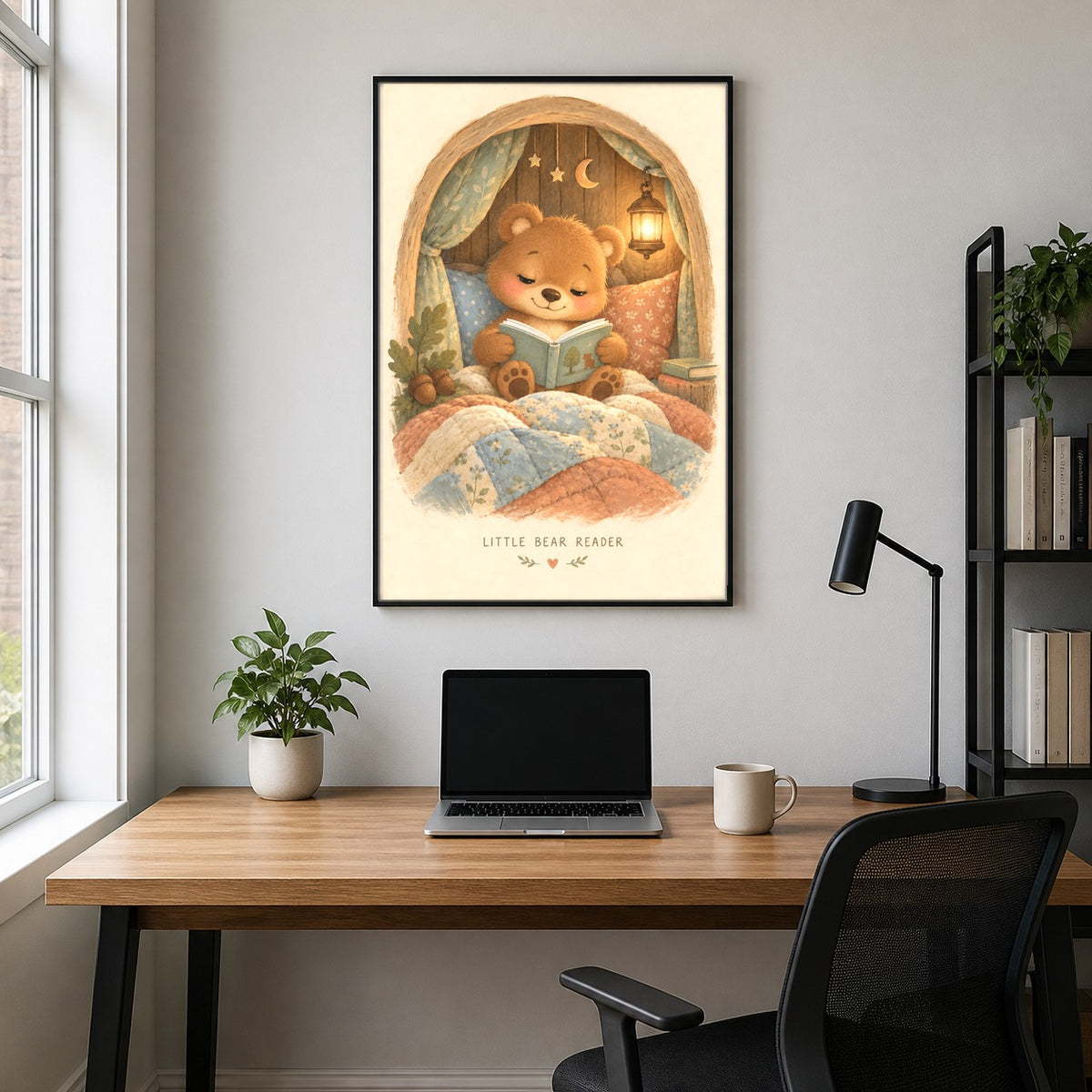 Little Bear Reader Art Poster, Woodland Bedtime Story Nursery Decor