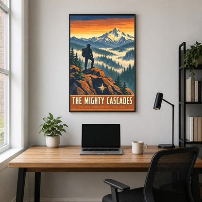 The Mighty Cascades Poster, Vintage Alpine Explorer Wall Art