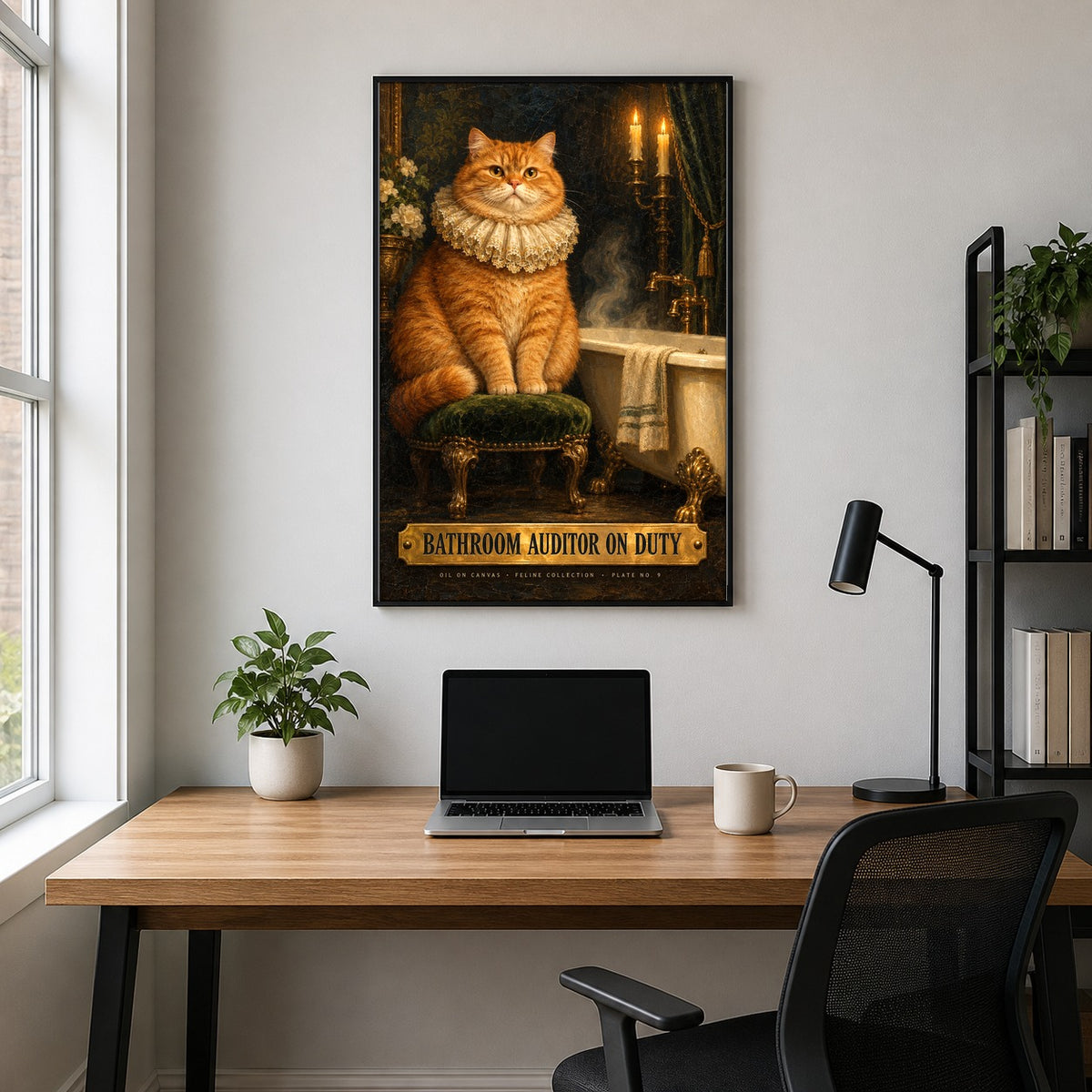 Bathroom Auditor Cat Poster, Funny Victorian Oil Painting Wall Art