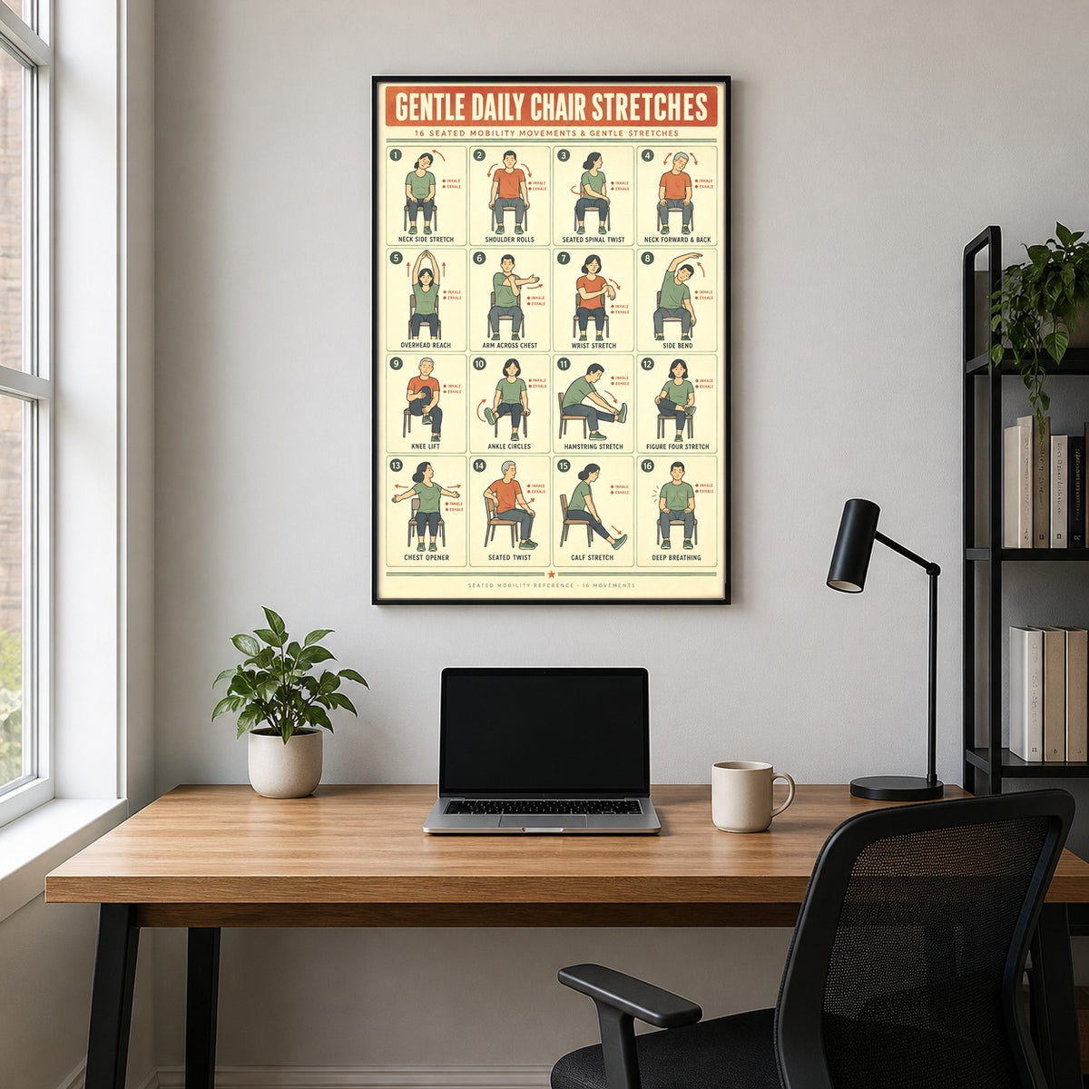 Gentle Daily Chair Stretches Poster, Seated Mobility Exercise Chart