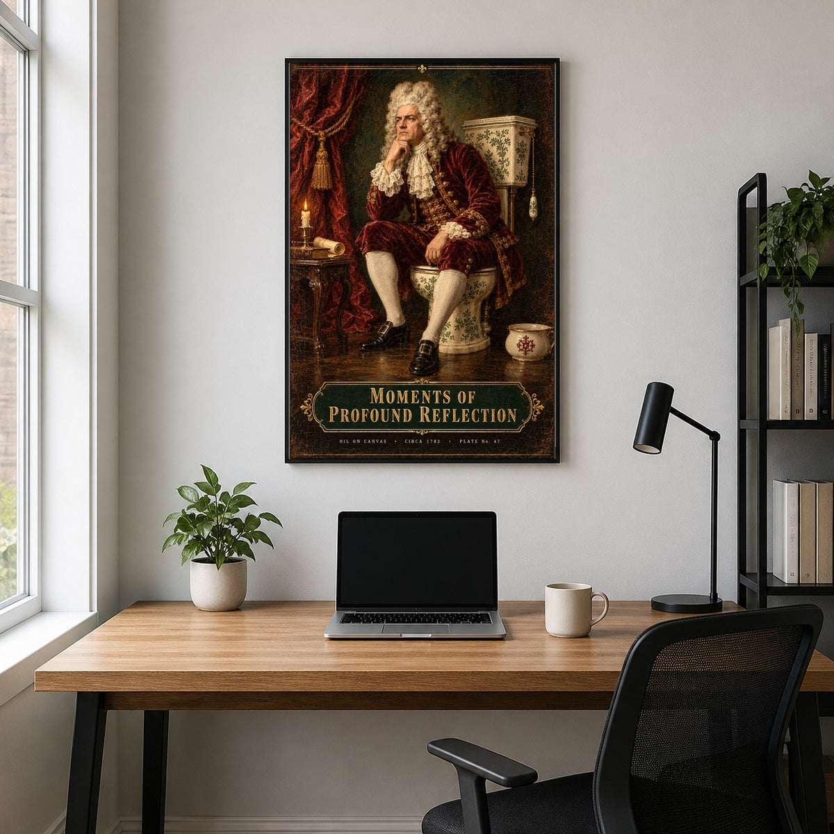 Pensive Monarch Powder Room Poster, Funny Baroque Toilet Art