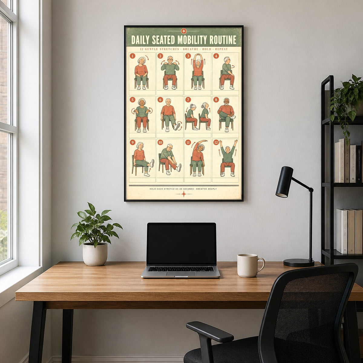 Daily Seated Mobility Routine Poster, Chair Exercise Art for Seniors