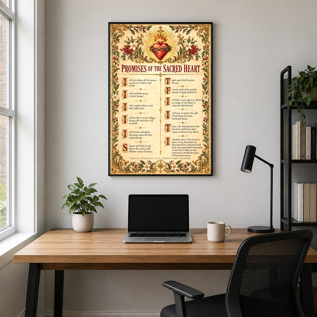Sacred Heart Twelve Promises Broadside Poster, Catholic Devotional Art